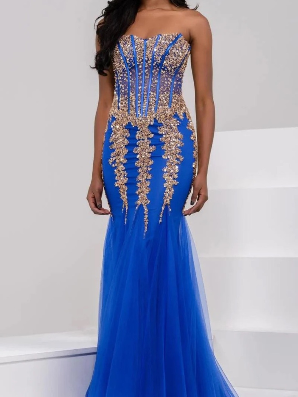 Jovani Royal Blue Strapless Mermaid Gown with Gold Embellishment